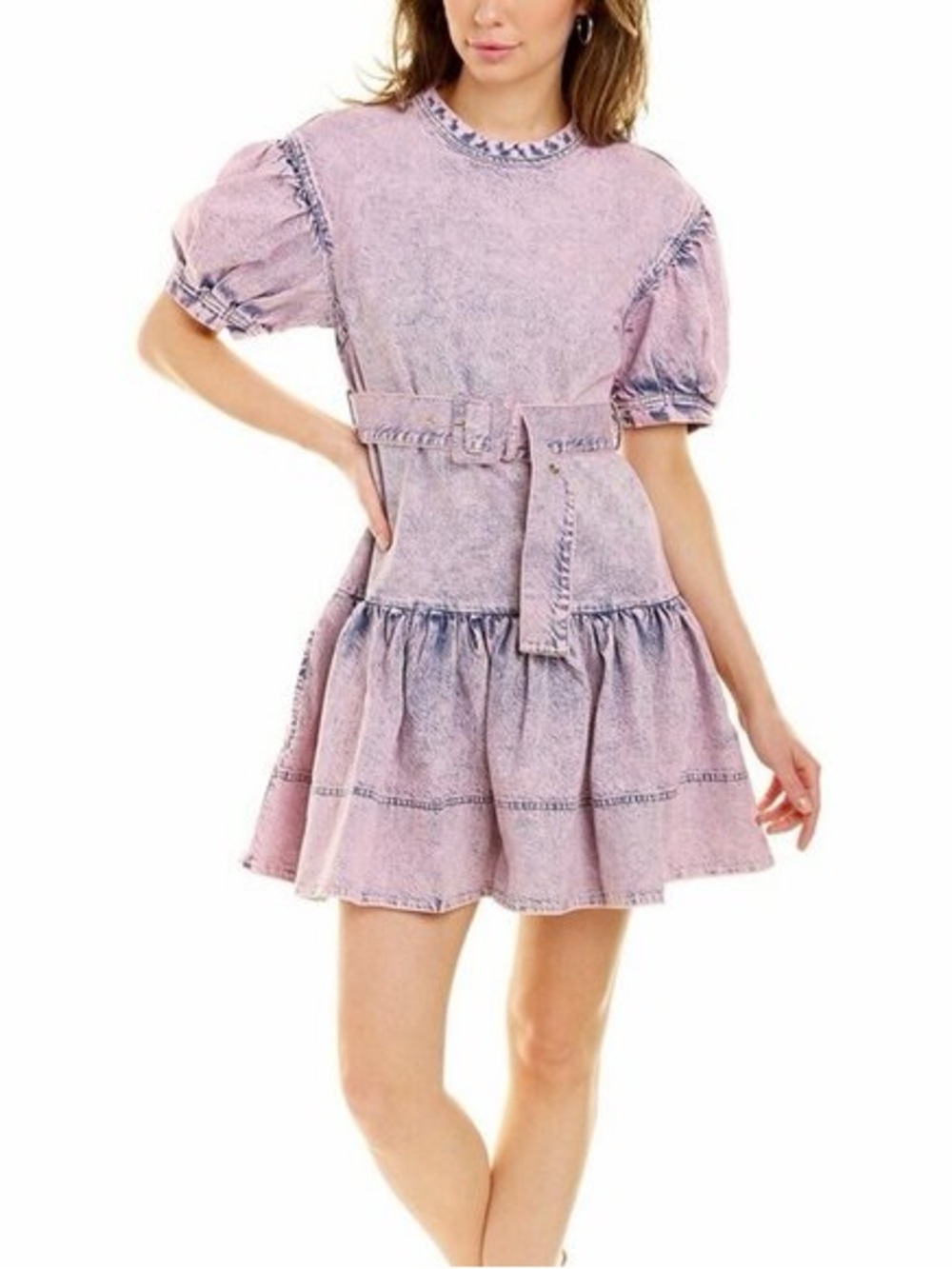 Tanya Taylor Pink Washed Denim Belted Puff-Sleeve Dress Size 16